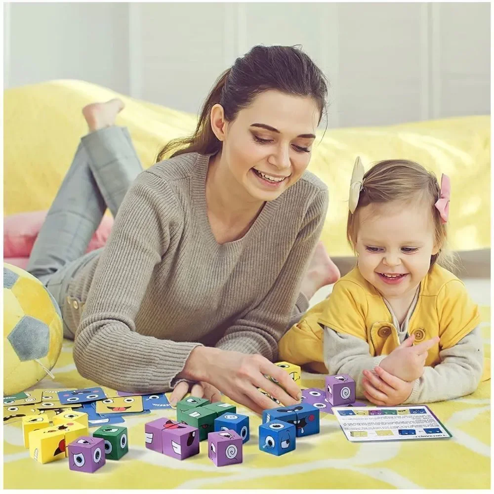 Face Change Cube Game, Wooden Expressions Matching Block Puzzles Building Cubes